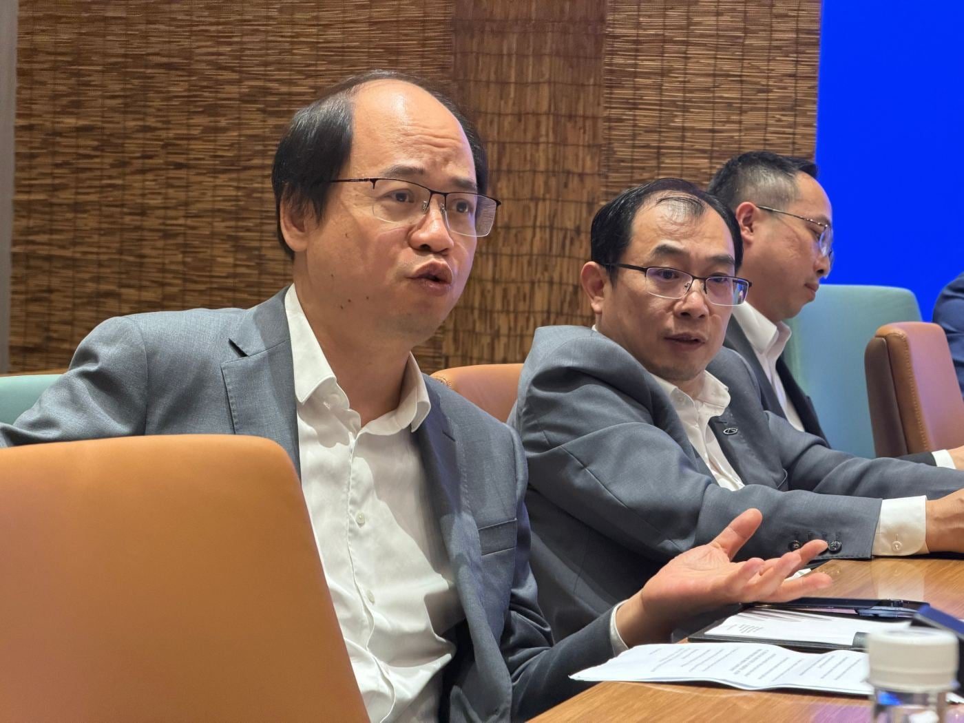 Chery International vice president Chen Chunqing speaking beside president Zhang Guibing in Wuhu