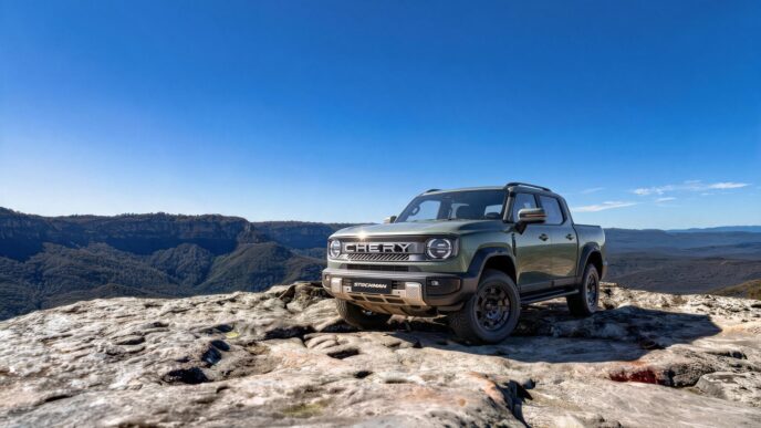 Green Chery Stockman ute parked on a rock ledge above a valley