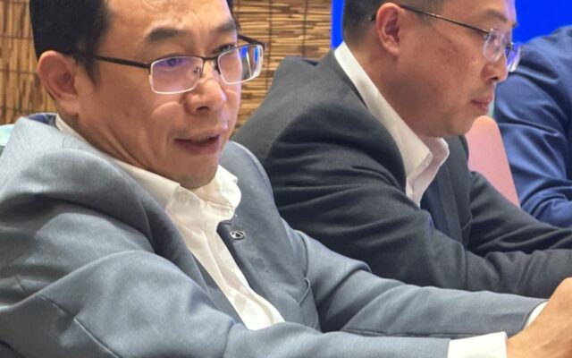 Chery International president Zhang Guibing answering questions at a media round table in Wuhu, China