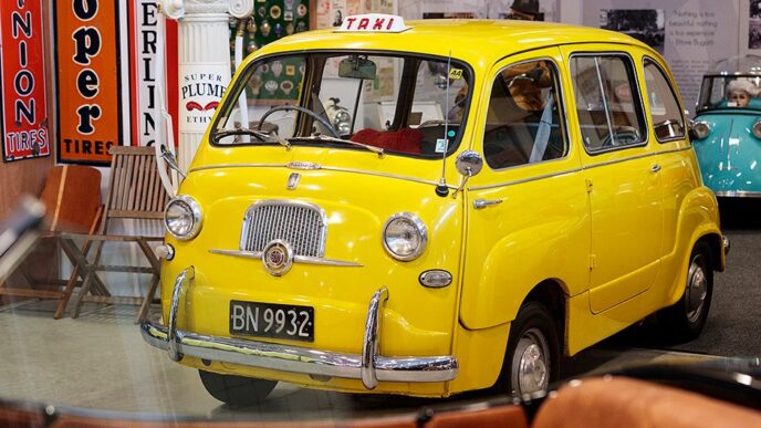 A yellow Fiat 600 Multipla taxi from the 1950s