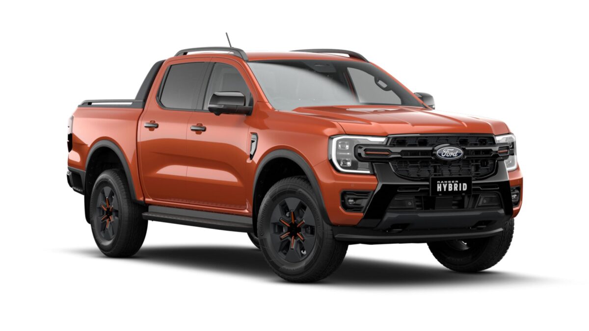 Orange Ford Ranger Hybrid Wildtrak front three-quarter view