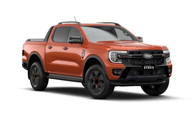 Orange Ford Ranger Hybrid Wildtrak front three-quarter view