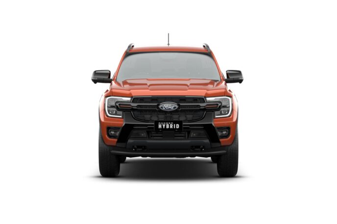 Front view of the Ford Ranger Hybrid Wildtrak with gloss black grille