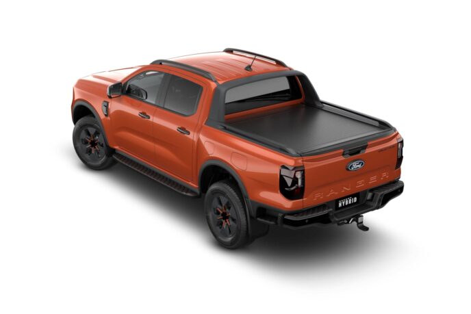 Rear view of the Ford Ranger Hybrid Wildtrak with black roller shutter
