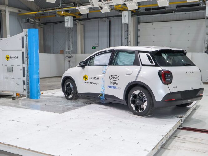 GAC Aion UT after the ANCAP oblique pole crash test