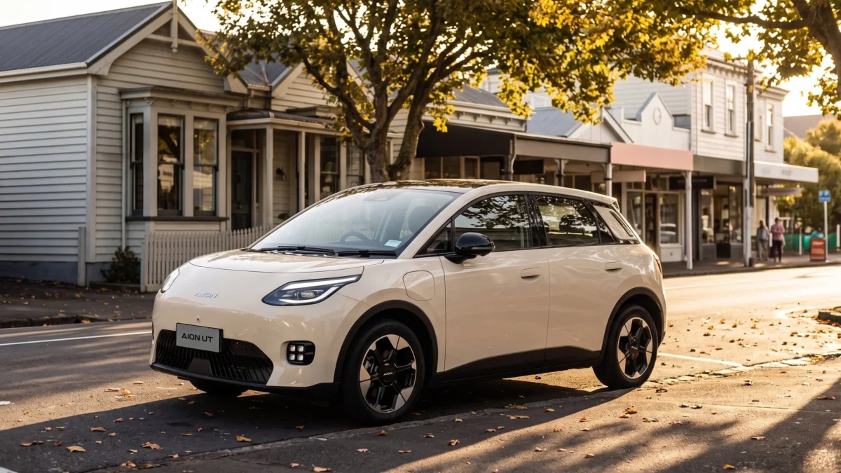 White GAC Aion UT parked on a small-town main street