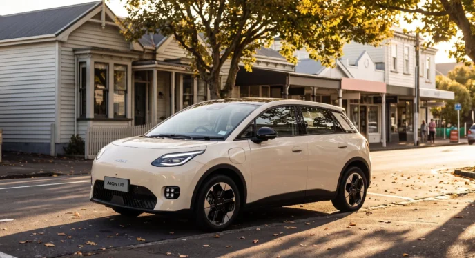 White GAC Aion UT parked on a small-town main street