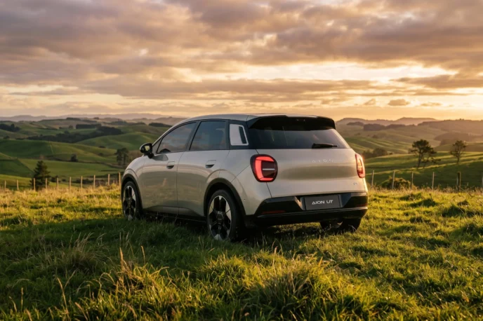 GAC Aion UT parked on farmland at sunset