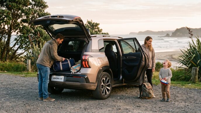 Family loading a GAC Aion V at a beach car park