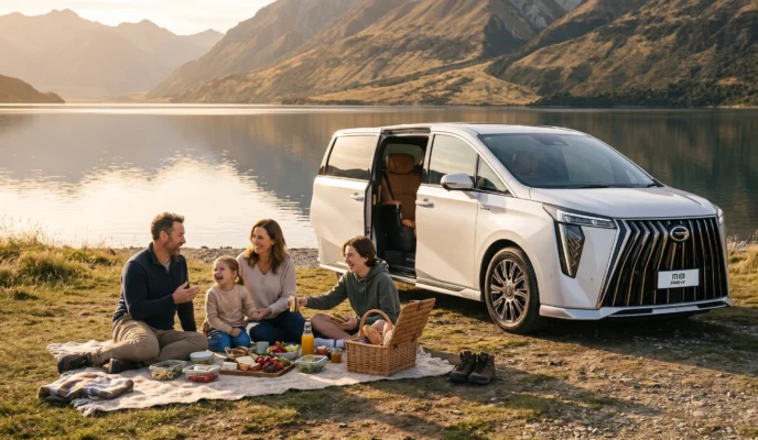 White GAC M8 people mover beside a family picnic at a lake