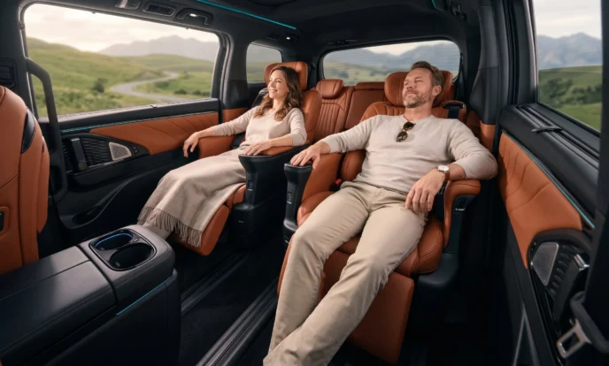 Couple relaxing in the reclining second-row seats of a GAC M8