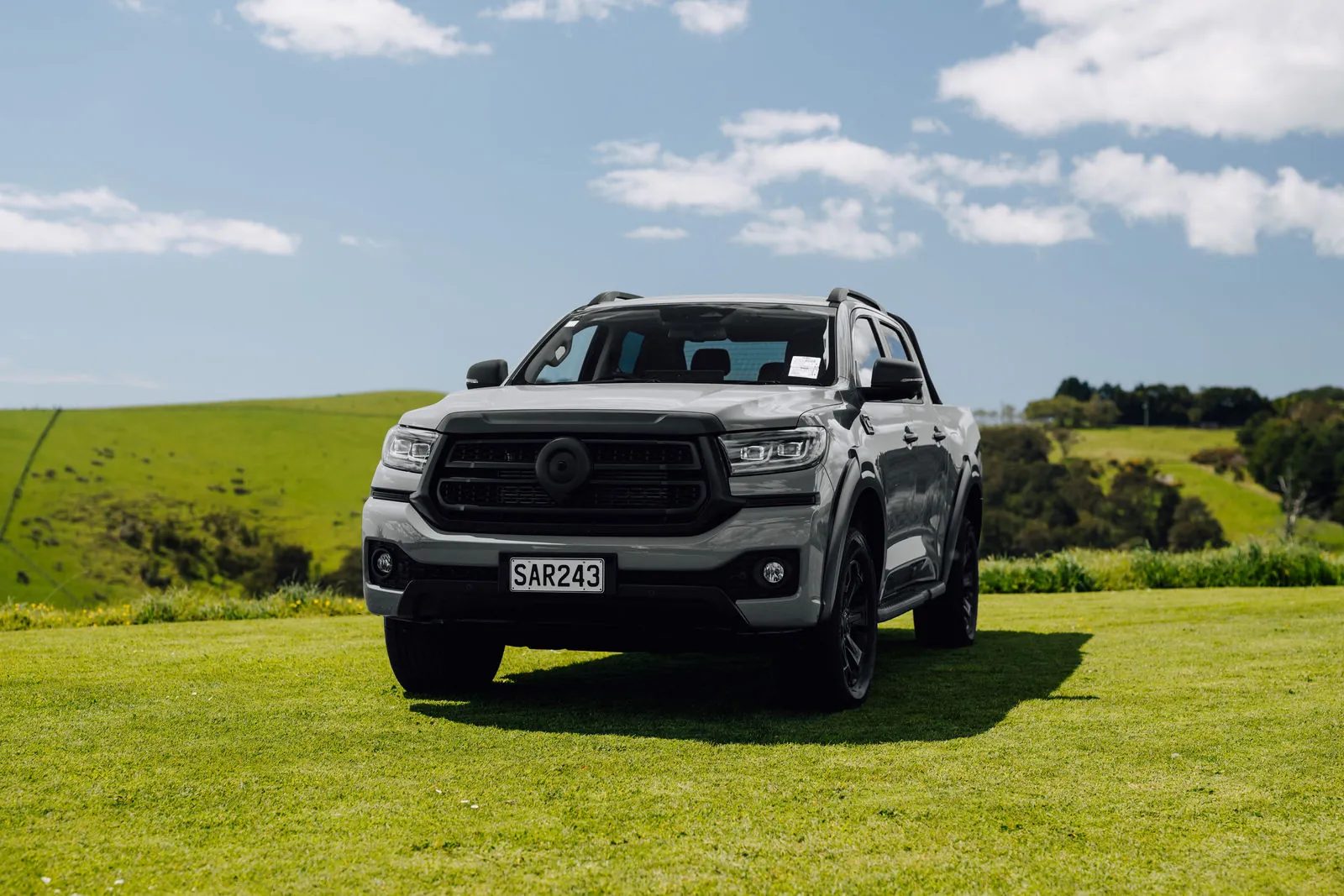 Front view of a grey GWM Cannon Hi4-T PHEV on grass