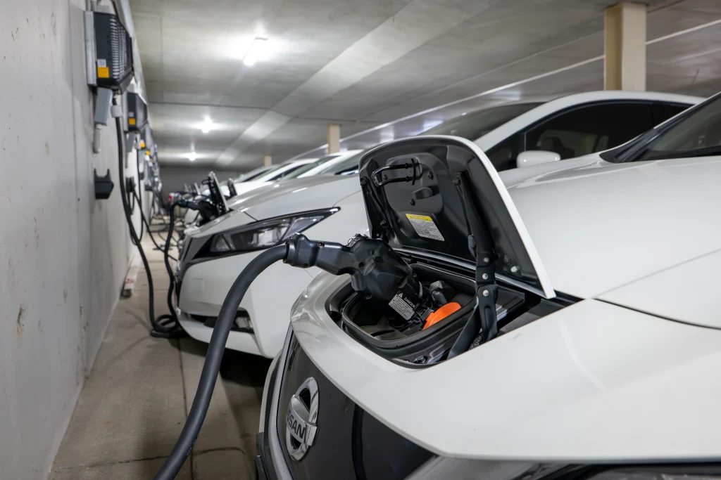 Nissan Leafs plugged into JET Charge bidirectional chargers in Canberra for the REVS vehicle-to-grid project