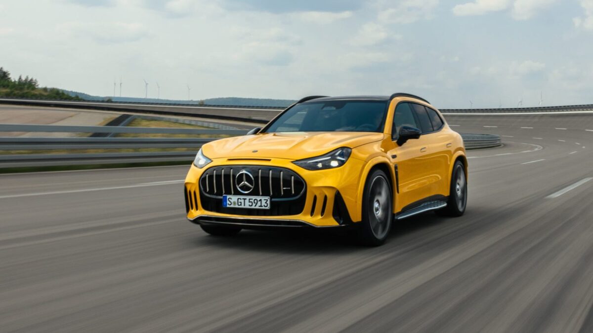 Yellow Mercedes-AMG GT SUV driving on a test track
