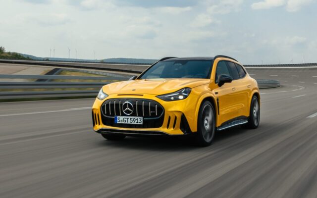 Yellow Mercedes-AMG GT SUV driving on a test track