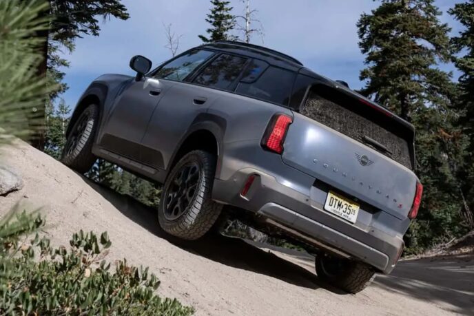 Mini Countryman Untamed Edition rear view on a slope