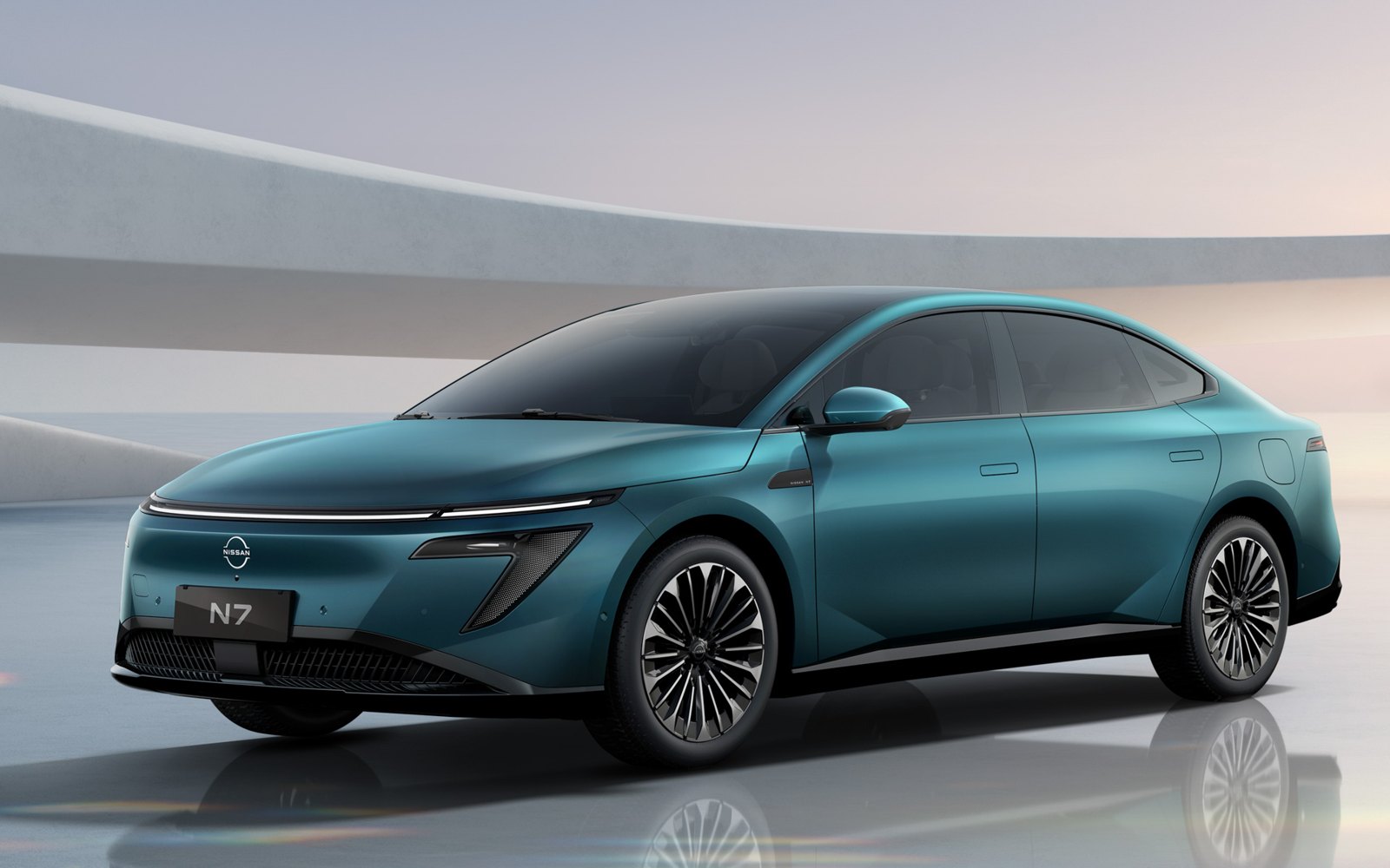 Teal Nissan N7 electric sedan