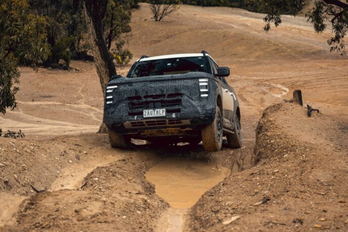 Nissan Navara Pro PHEV prototype front view crossing ruts