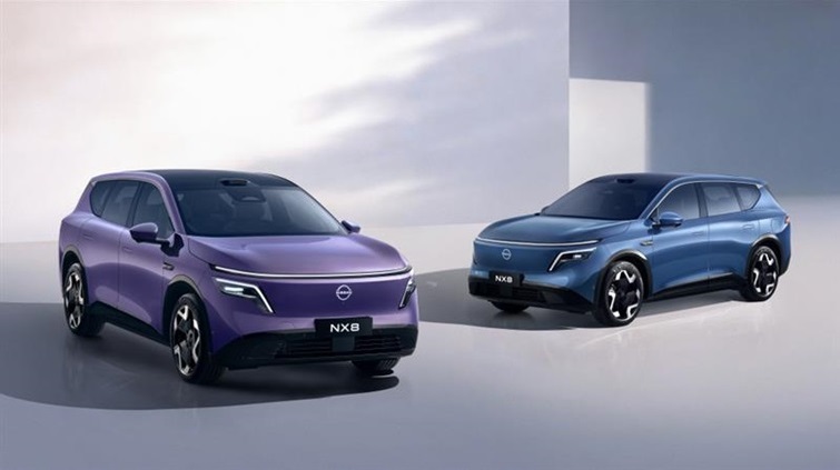 Two Nissan NX8 plug-in hybrid SUVs in purple and blue