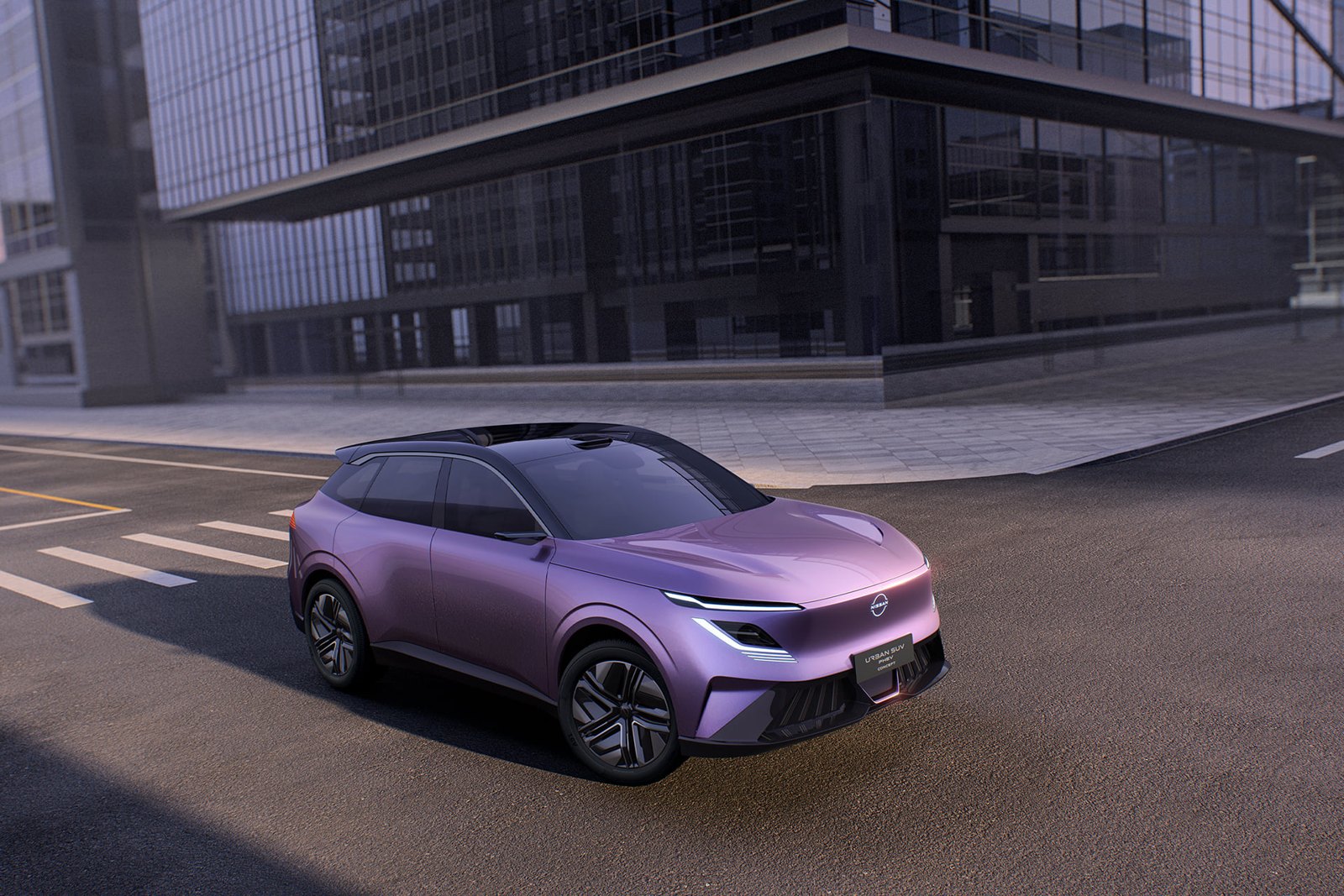 Lilac Nissan Urban SUV PHEV Concept in a city setting