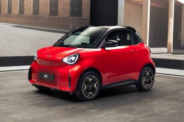 Red smart #2 electric two-seater, front three-quarter view