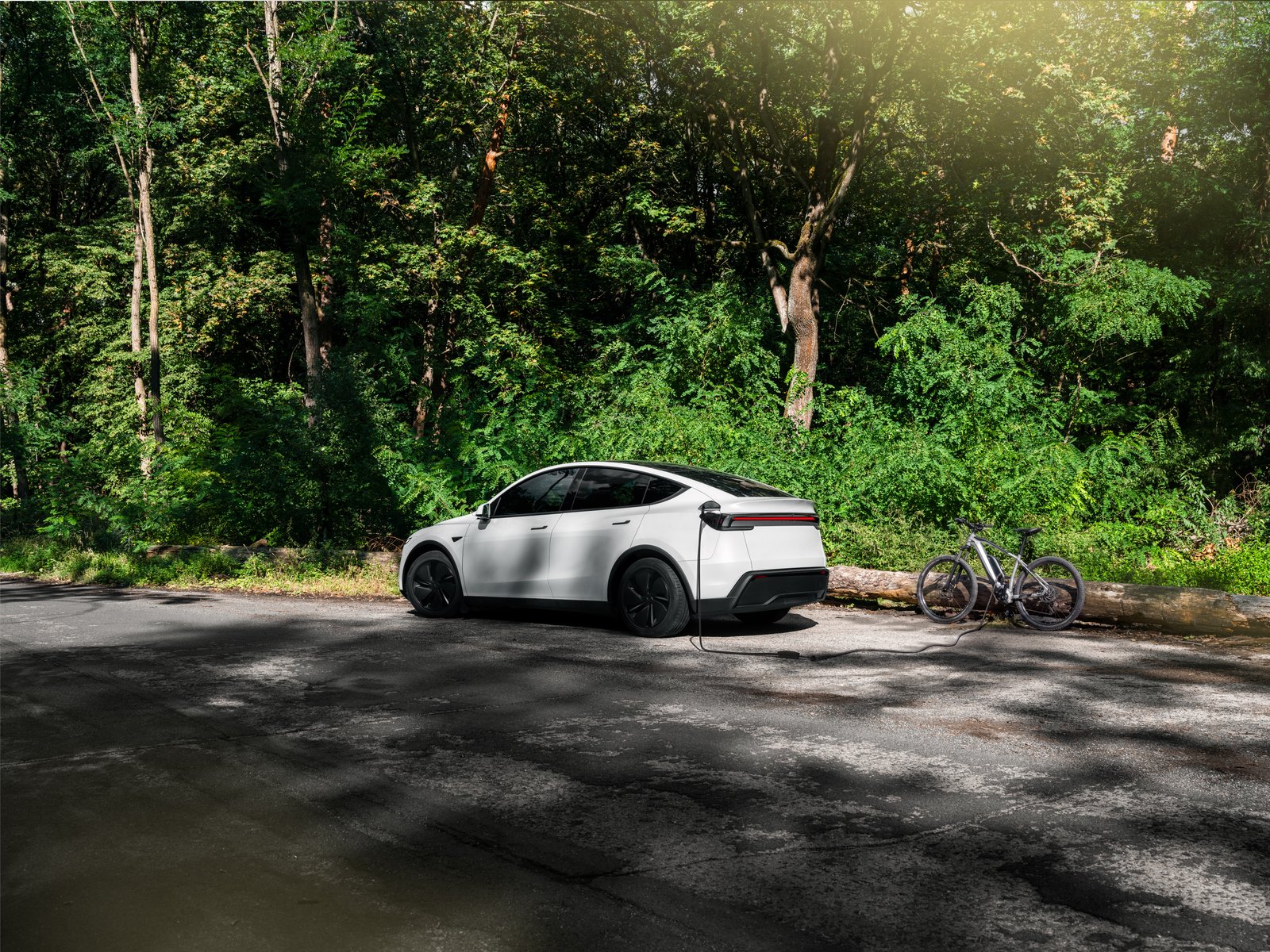 White Tesla Model Y powering an e-bike charger by a forest