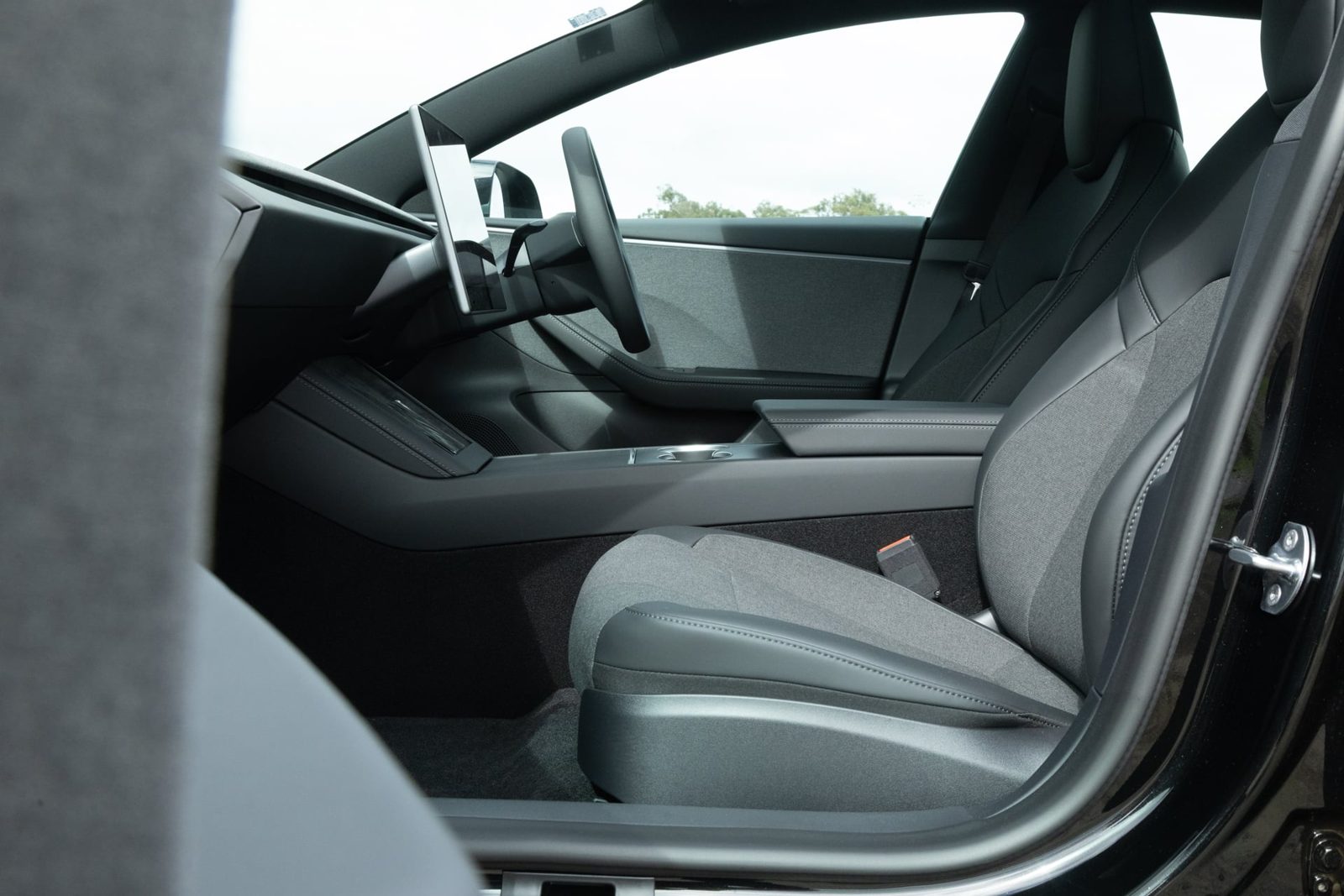 Tesla Model 3 cabin seen through the open driver door