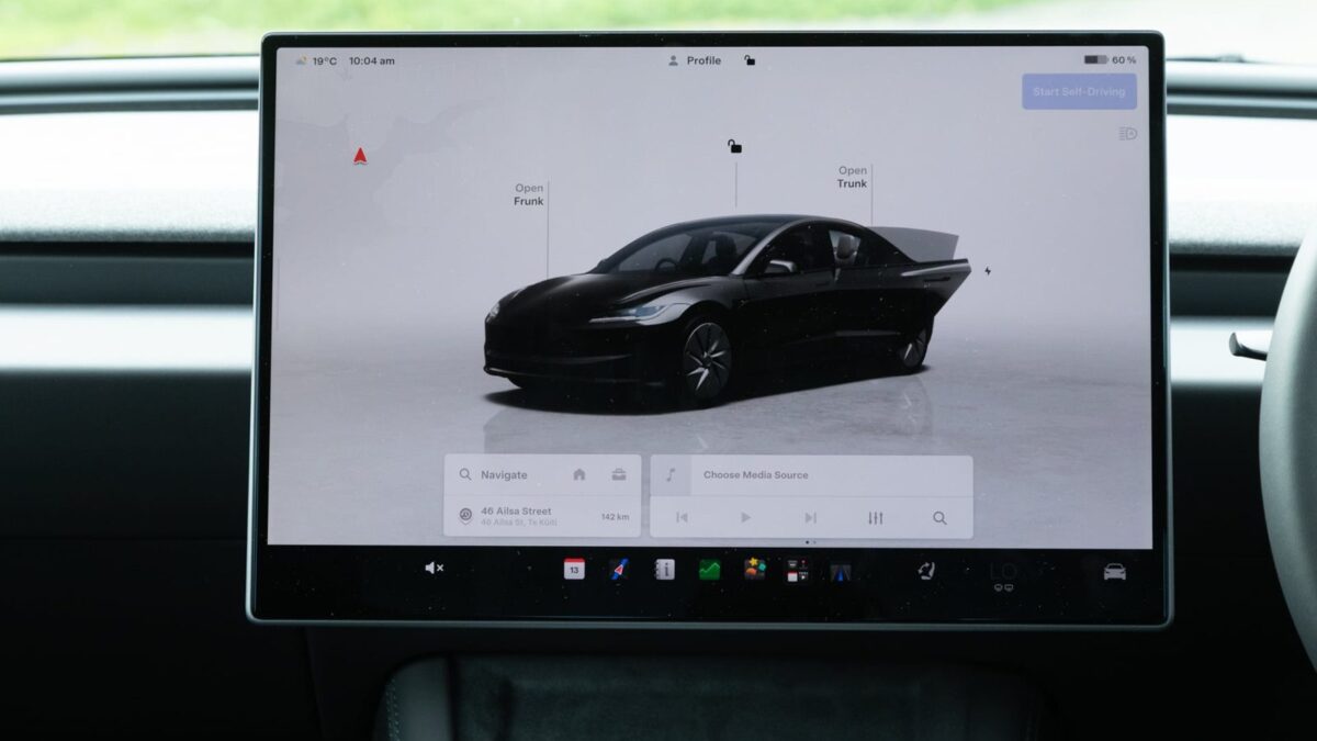 Tesla Model 3 touchscreen showing the vehicle menu