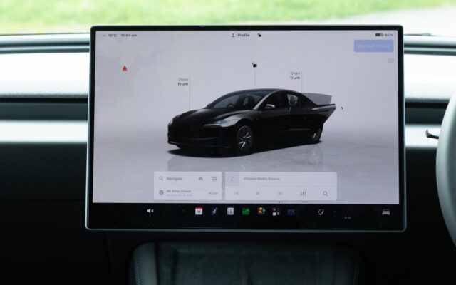 Tesla Model 3 touchscreen showing the vehicle menu