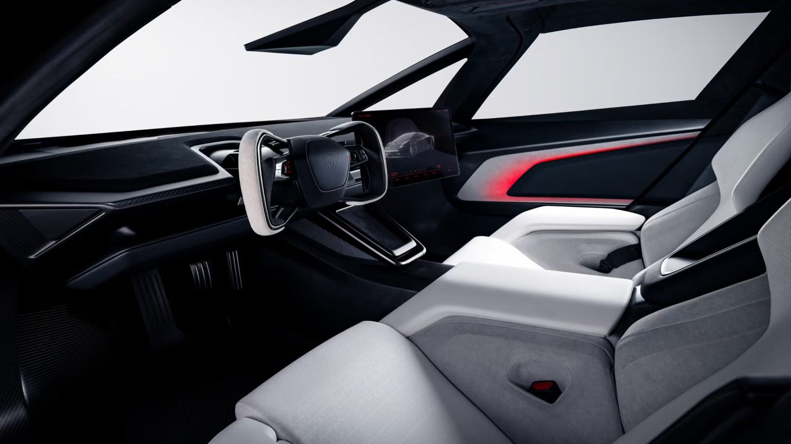 Tesla Roadster cockpit with yoke steering wheel and white seats