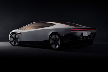 Rear three-quarter view of the new Tesla Roadster with full-width tail light
