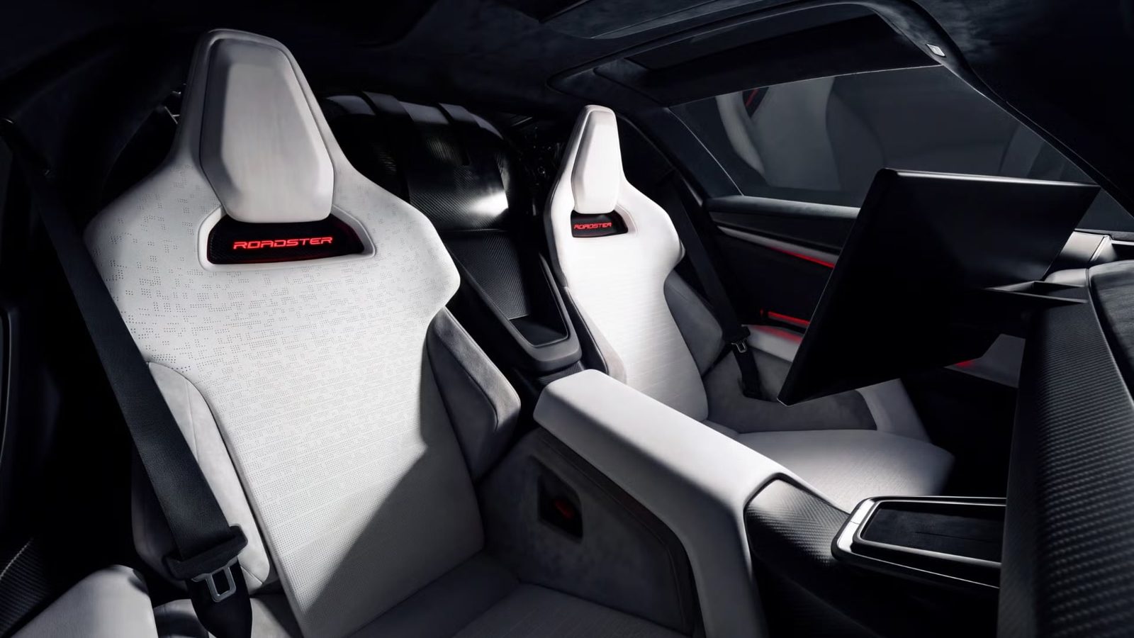 White sports seats with Roadster logos in the new Tesla Roadster