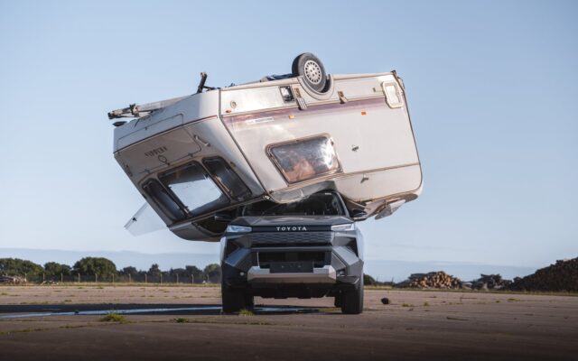 Caravan landing on the roof of a Toyota Hilux BEV