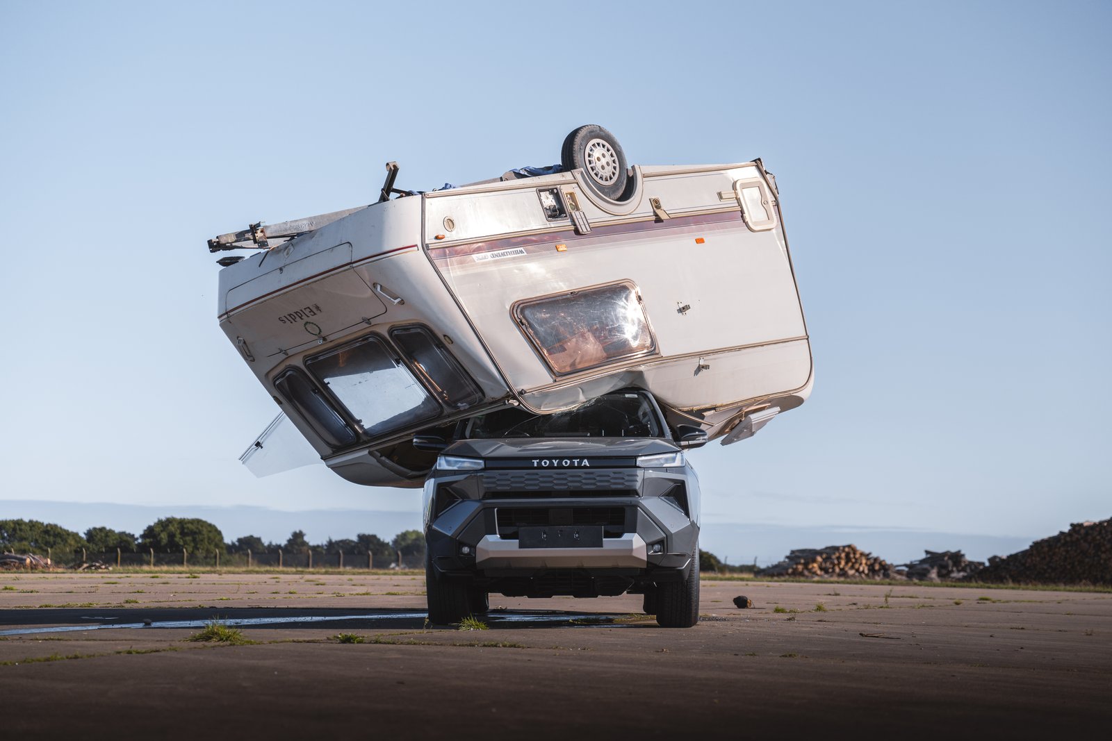Caravan landing on the roof of a Toyota Hilux BEV