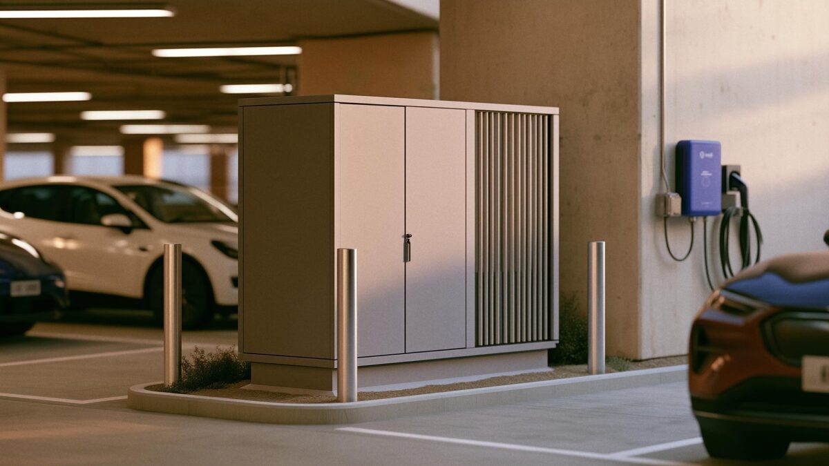 Laitent compute pod beside an EV charger in a parking building