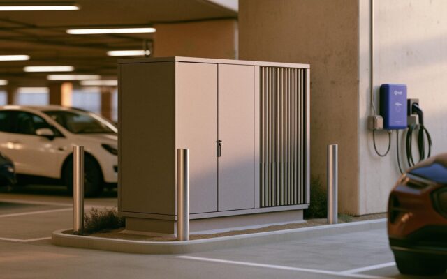 Laitent compute pod beside an EV charger in a parking building