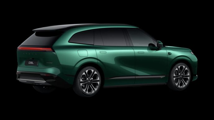 Green XPeng G9L rear three-quarter view