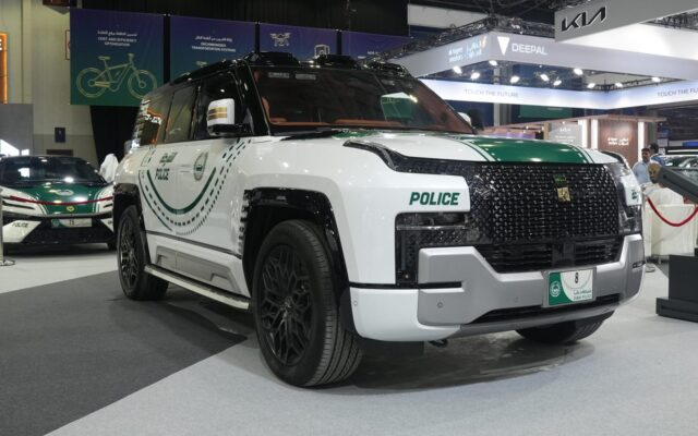 Yangwang U8 in Dubai Police white and green livery at WETEX 2026