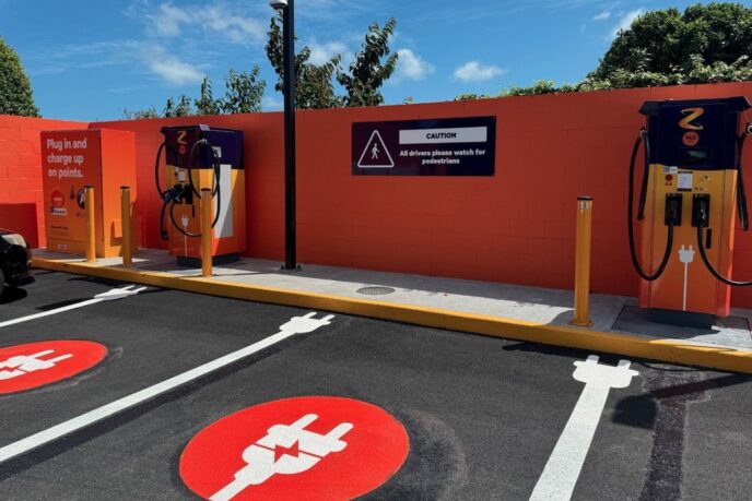 Z Energy fast chargers in an orange-walled bay at Hawera